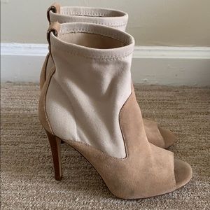 Barely worn tan open toed suede booties